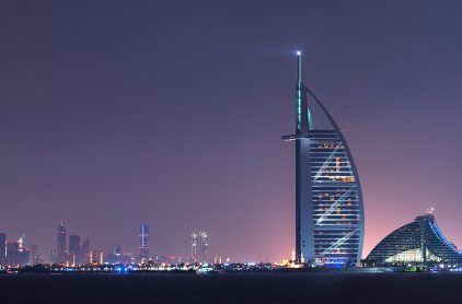 Dubai,UAE, Feb 12 2015, Burj Al Arab, and Burj Khalifa in a beautiful panoramic view at night